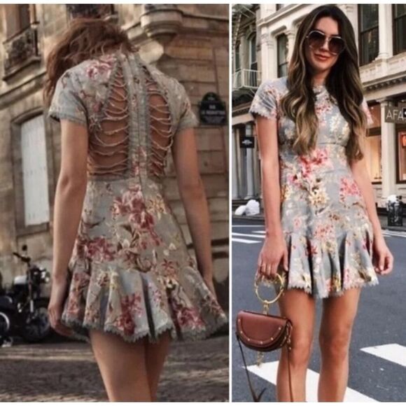 Zimmermann Floral Lace-UpโBack Mini Dress, Size 6 US - Picture 4 of 16